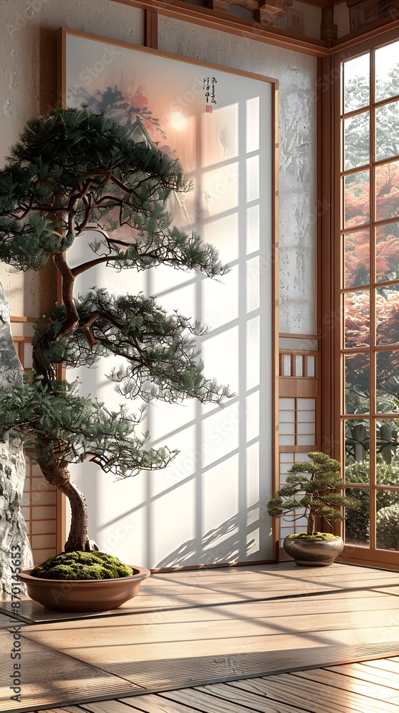 Minimalist Japanese Inspired Tea Room Mockup with Bonsai Tree and Natural Daylight Minimalist Japanese Inspired Tea Room Mockup with Bonsai Tree and Natural Daylight