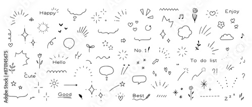 Doodle line elements of shiny pen. Heart, accent, star, icon with shiny decorations, flowers, heart.  Vector illustration.