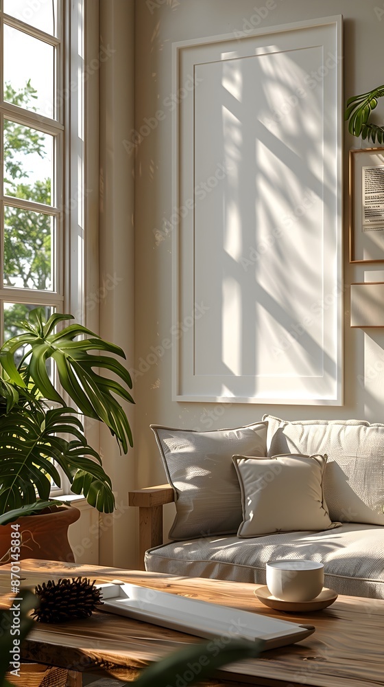 Fototapeta premium Minimalist Mockup Photo Frame in Cozy Living Room Setting with Sunlight Streaming Through Windows