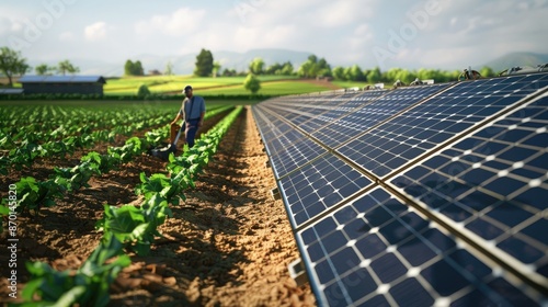 A farmer inspecting rows of solar panels in a rural agricultural setting with crops growing nearby.