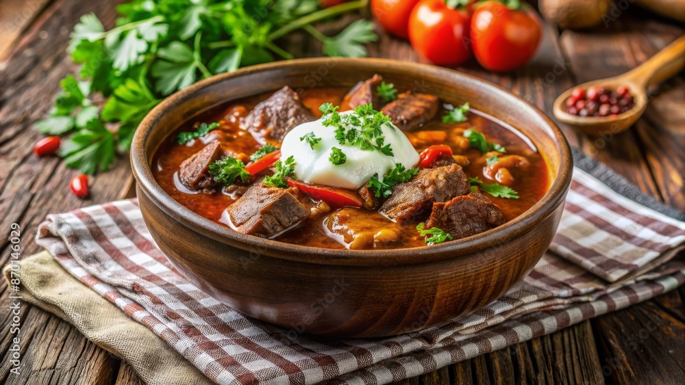 Hearty, slow-cooked beef goulash in a rustic stoneware bowl, topped with a dollop of sour cream and fresh parsley. Hearty, slow-cooked beef goulash in a rustic stoneware bowl, topped with a dollop of sour cream and fresh parsley.