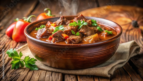 Steaming hot, richly flavored beef goulash fills a rustic, earthenware bowl, garnished with fresh parsley, against a warm, earthy background.