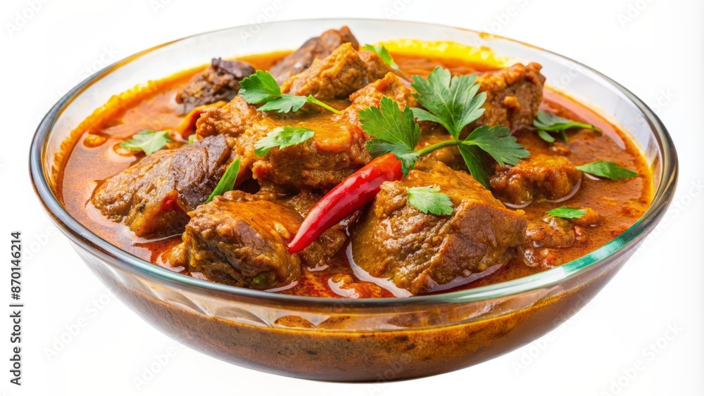 Richly flavored mutton curry rendang with tender chunks of beef stew in a vibrant orange sauce on transparent background. Richly flavored mutton curry rendang with tender chunks of beef stew in a vibrant orange sauce on transparent background.