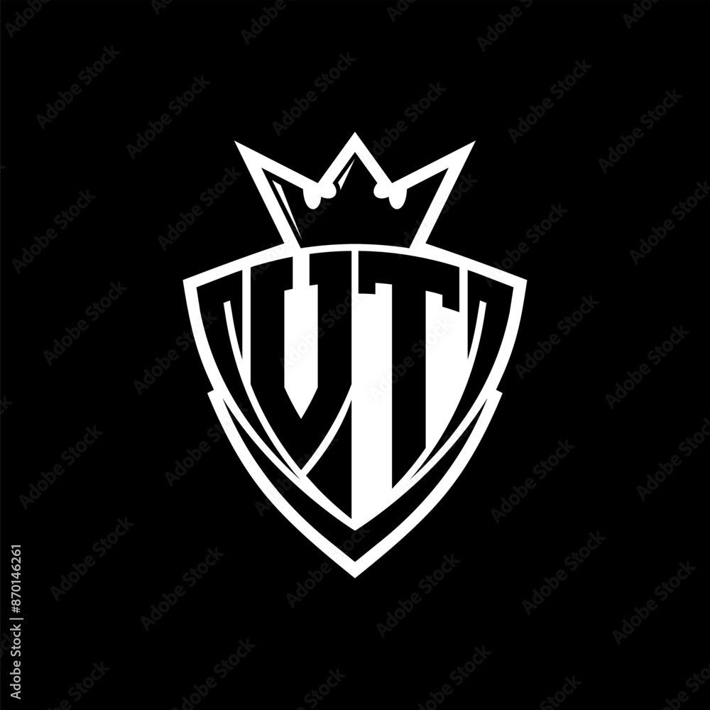 VT Letter logo with sharp triangle shield shape with crown inside white outline on black background template design VT Letter logo with sharp triangle shield shape with crown inside white outline on black background template design