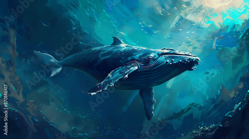 Artistic Style Painting of A Whale Swimming in the Ocean Aspect 16:9 © Kevin