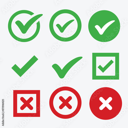 Green check mark and red cross mark icon set Isolated tick symbols Checklist signs Approval badge Flat and modern checkmark design