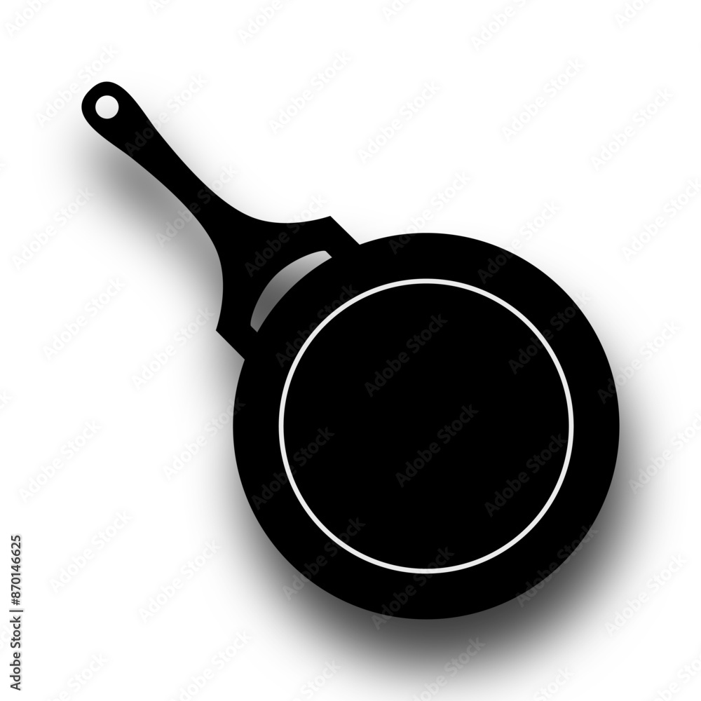 Silhouette of a small frying pan in a black and white illustration style, as a cooking utensil and one of the tools in the kitchen Silhouette of a small frying pan in a black and white illustration style, as a cooking utensil and one of the tools in the kitchen
