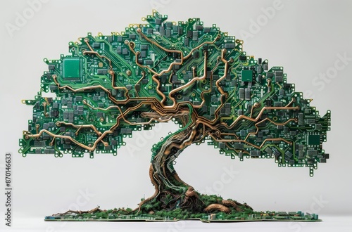 Green Circuit Board Tree Sculpture On White Surface