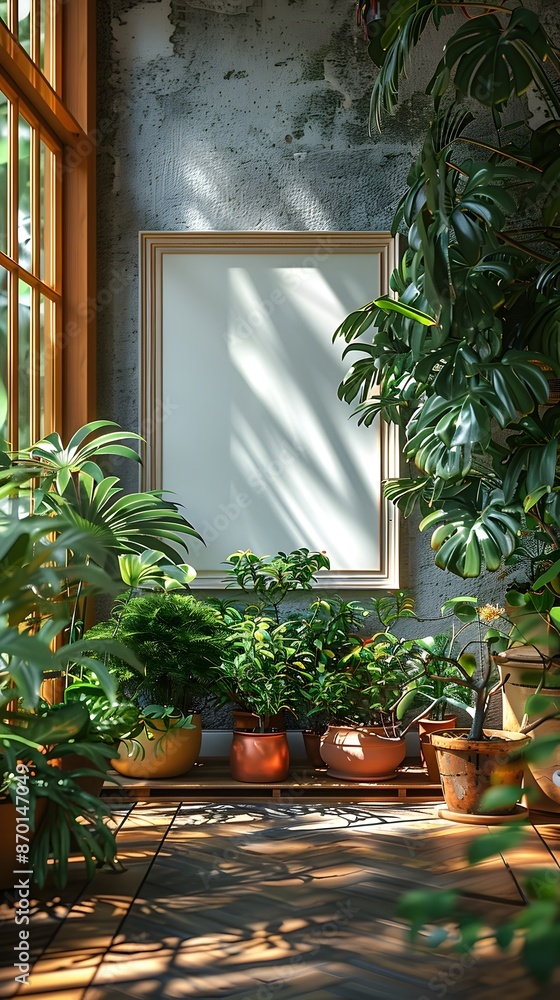 Mockup of White Frame Nestled on Shelf with Potted Plants in Japandi Inspired Minimalist Setting Mockup of White Frame Nestled on Shelf with Potted Plants in Japandi Inspired Minimalist Setting