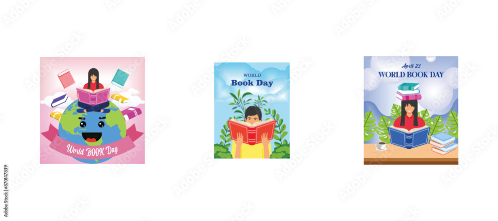 Fototapeta premium World Book Day background. Celebration of World Book Day. April 23. Cute Girl with books. Set flat vector modern illustration