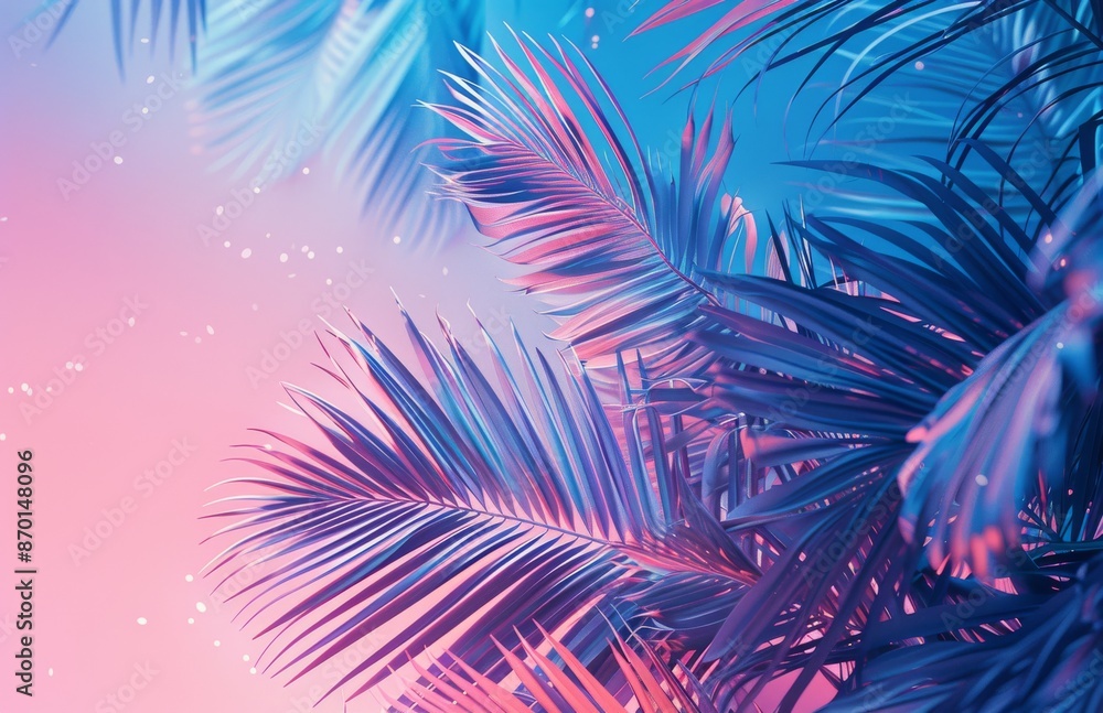 Closeup of Palm Tree Fronds Against Blue and Pink Gradient Background