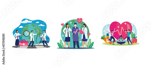 Doctor checking world health with stethoscope on world health day. World Health Day. World Health Day concept with people characters exercising. Set flat vector modern illustration