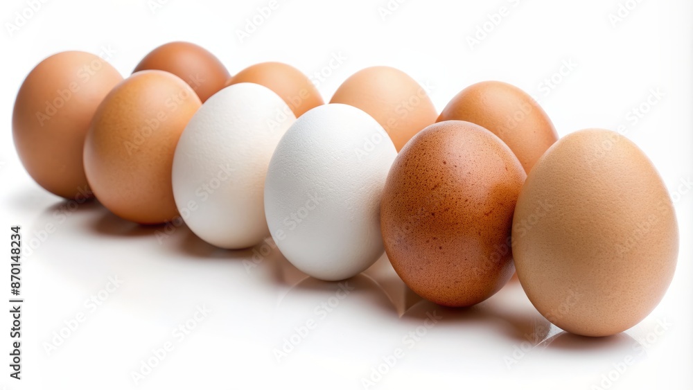 Freshly laid brown and white chicken eggs arranged in a neat row on a clean white studio background. Freshly laid brown and white chicken eggs arranged in a neat row on a clean white studio background.