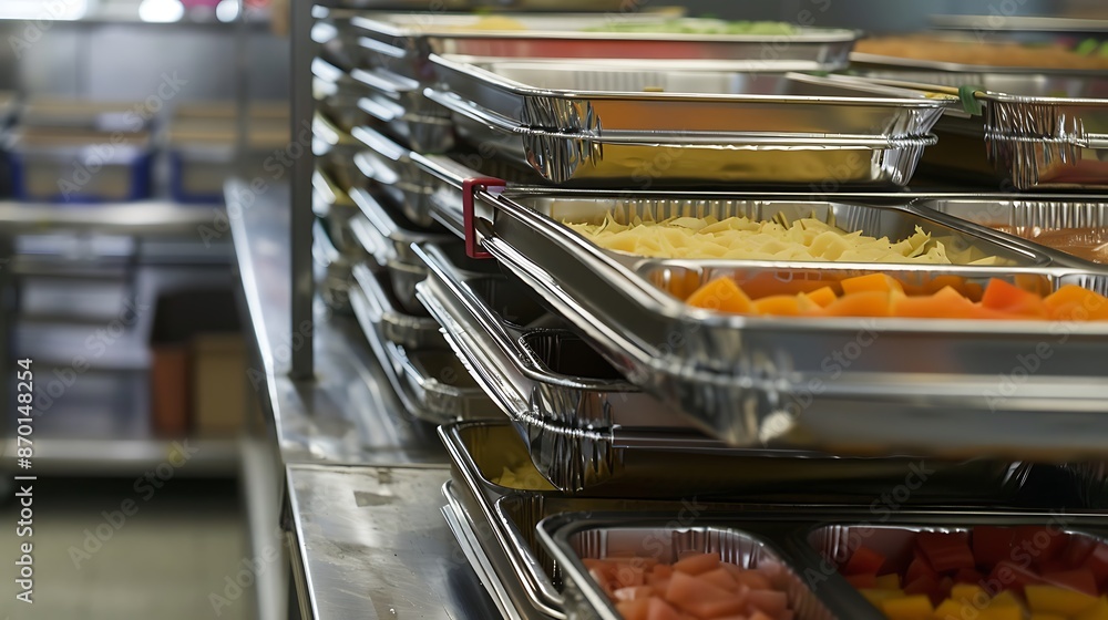 A stack of school lunch trays ready for distribution A stack of school lunch trays ready for distribution
