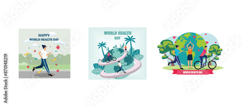 World health day with girl running. Healthy lifestyle for world health day concept. World Health Day concept with people exercising healthy lifestyle. Set flat vector modern illustration