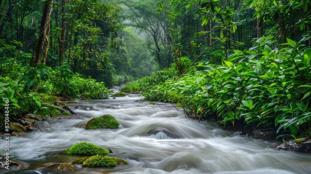 Fototapeta premium A flowing river through a dense forest, representing the journey of life and persistence.