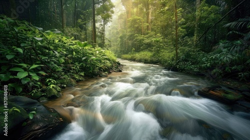 A flowing river through a dense forest, representing the journey of life and persistence.
