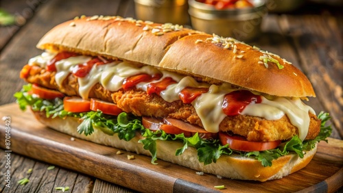 Crispy golden brown breaded chicken fillet sandwich sub loaded with melted parmesan cheese and drizzled with savory tangy sauce. photo