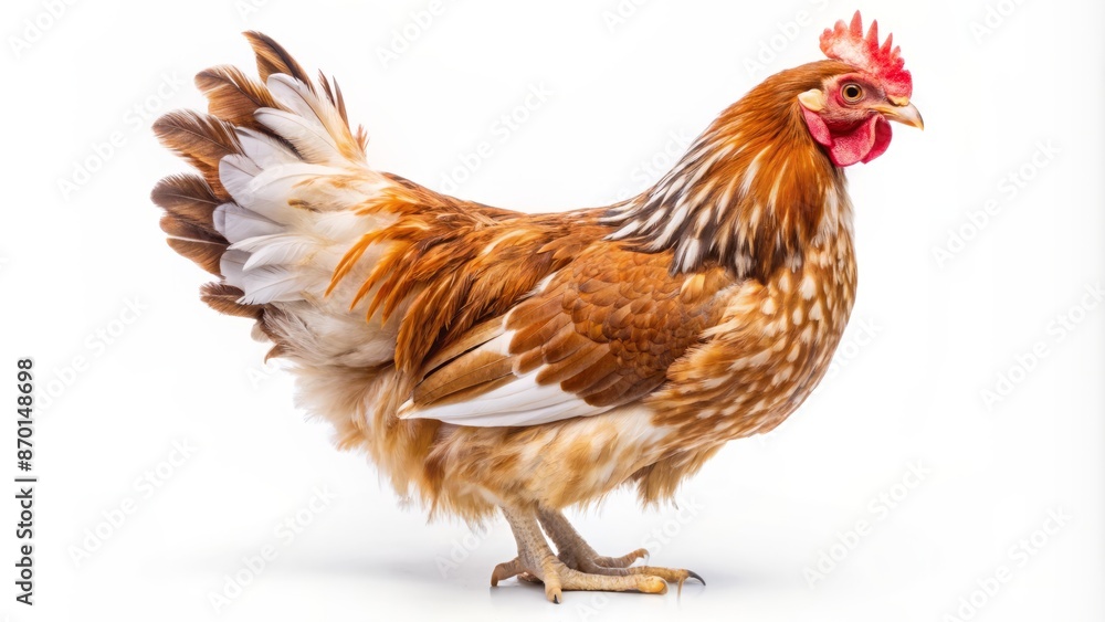 Fototapeta premium Brown and white feathered chicken hen stands confidently with vibrant plumage against a clean, isolated, bright white background.