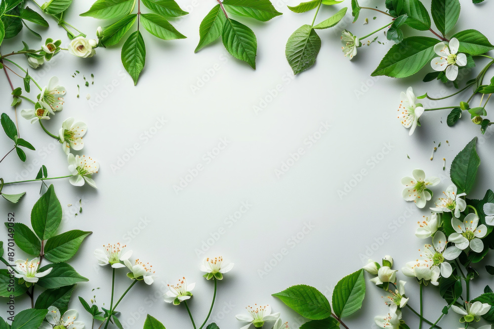Fototapeta premium A white background with a green border and a variety of flowers in the center. The flowers are white and green, and they are arranged in a circular pattern