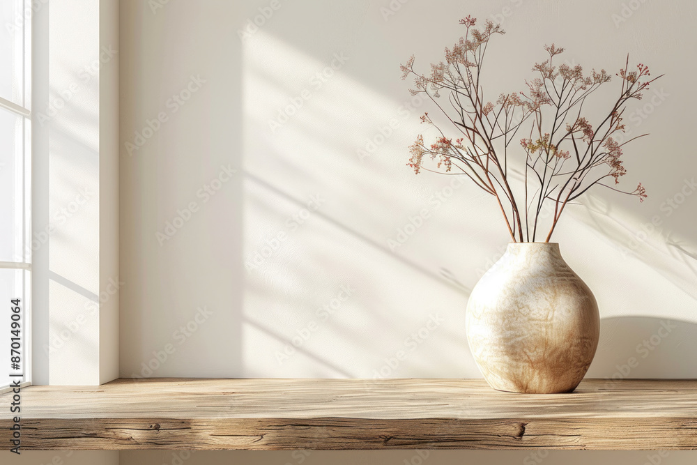 A vase of flowers sits on a wooden shelf in a room with a window. The vase is filled with dried flowers, giving the room a sense of warmth and coziness A vase of flowers sits on a wooden shelf in a room with a window. The vase is filled with dried flowers, giving the room a sense of warmth and coziness
