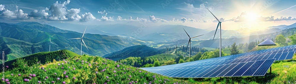 A panoramic view of a renewable energy landscape featuring solar panels and wind turbines set against a beautiful mountainous backdrop at sunrise. A panoramic view of a renewable energy landscape featuring solar panels and wind turbines set against a beautiful mountainous backdrop at sunrise.