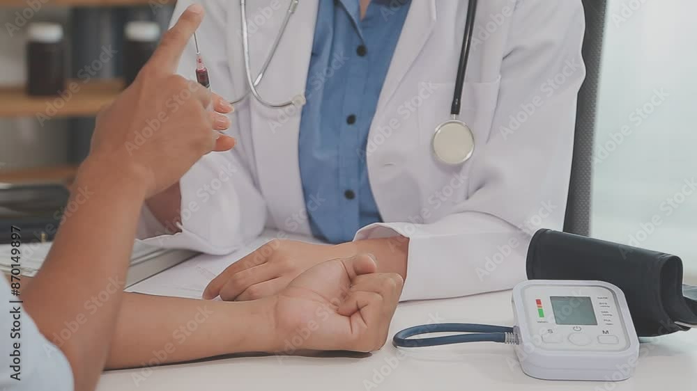 Doctor using sphygmomanometer with stethoscope checking blood pressure to a patient in the hospital. Doctor using sphygmomanometer with stethoscope checking blood pressure to a patient in the hospital.