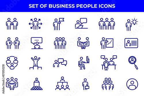 Simple Set of Business People Related Vector Line Icons. Contains such Icons as One-on-One Meeting, Workplace, Business Communication, Team Structure and more.