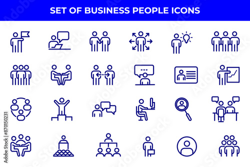 Simple Set of Business People Related Vector Line Icons. Contains such Icons as One-on-One Meeting, Workplace, Business Communication, Team Structure and more.