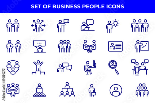 Simple Set of Business People Related Vector Line Icons. Contains such Icons as One-on-One Meeting, Workplace, Business Communication, Team Structure and more.