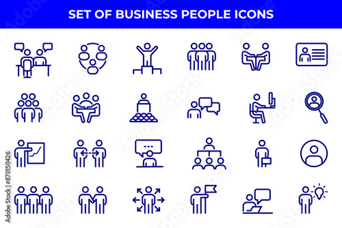 Simple Set of Business People Related Vector Line Icons. Contains such Icons as One-on-One Meeting, Workplace, Business Communication, Team Structure and more.