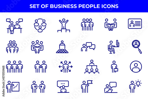 Simple Set of Business People Related Vector Line Icons. Contains such Icons as One-on-One Meeting, Workplace, Business Communication, Team Structure and more.