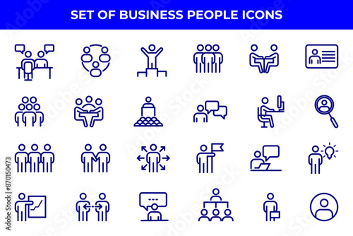 Simple Set of Business People Related Vector Line Icons. Contains such Icons as One-on-One Meeting, Workplace, Business Communication, Team Structure and more.
