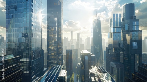 A futuristic cityscape with solar panels integrated into every building's facade, reflecting sunlight.