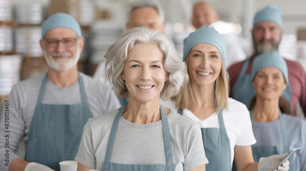 Happy Senior Volunteers Smiling and Working Together in a Community Kitchen Environment Happy Senior Volunteers Smiling and Working Together in a Community Kitchen Environment
