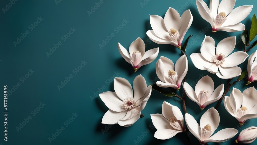 Top-down view of delicate magnolia flowers arranged on teal background. Perfect for spring-themed designs, floral artwork, or as decorative background Top-down view of delicate magnolia flowers arranged on teal background. Perfect for spring-themed designs, floral artwork, or as decorative background