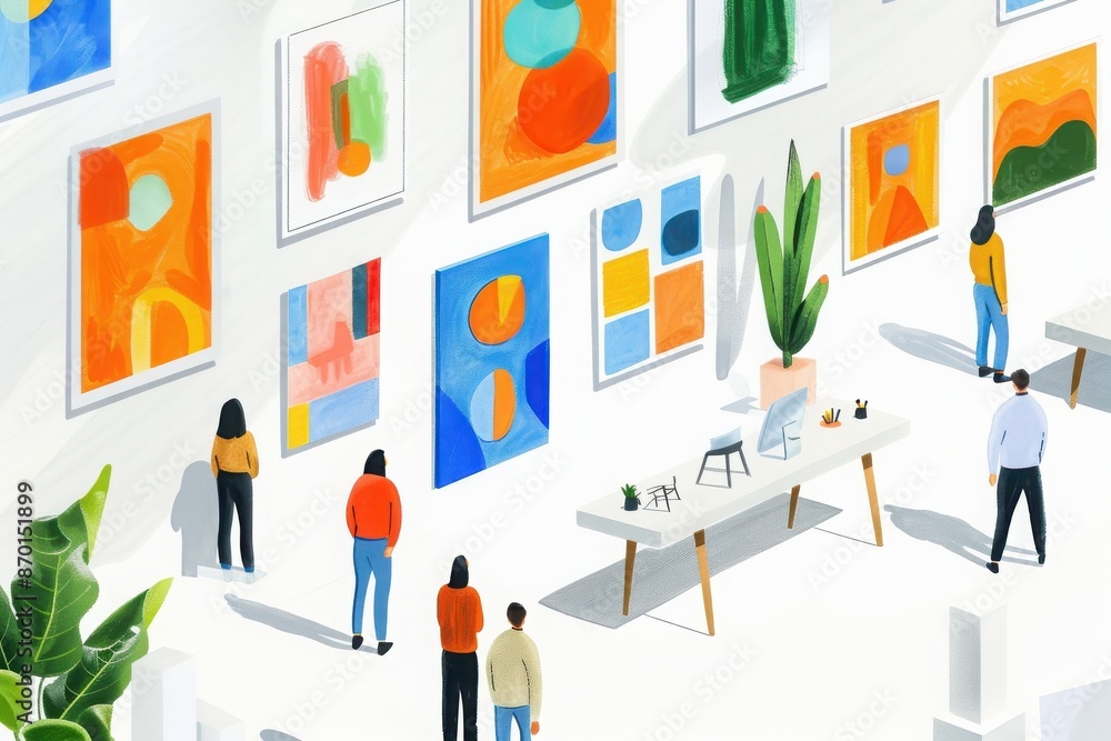 People viewing colorful modern art pieces bright, spacious gallery plants natural light. People viewing colorful modern art pieces bright, spacious gallery plants natural light.