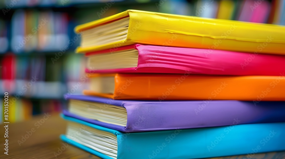 A stack of textbooks with colorful covers on a library table A stack of textbooks with colorful covers on a library table