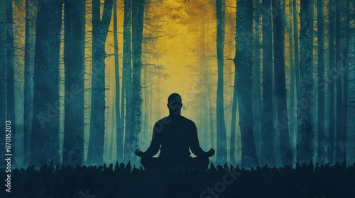 Silhouette of a person meditating in a tranquil forest at dawn, enveloped by surreal, mystical hues.