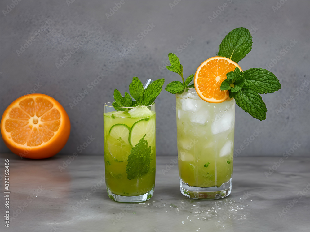 Fototapeta premium cocktail with lime and mint drink, cocktail, glass, lemon, ice, mint, cold, lime, mojito, green, lemonade, alcohol, fruit, beverageAi generated 