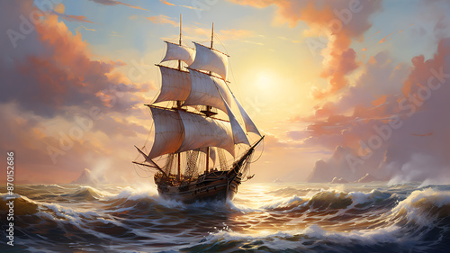 Fototapeta Naklejka Na Ścianę i Meble -  Sailing ship in the sea at sunset, 3d illustration.