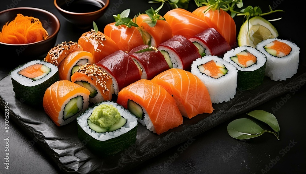 An elegant arrangement of assorted sushi pieces, including tuna, salmon, and avocado rolls, garnished with pickled ginger, wasabi, and soy sauce on a sleek black background An elegant arrangement of assorted sushi pieces, including tuna, salmon, and avocado rolls, garnished with pickled ginger, wasabi, and soy sauce on a sleek black background