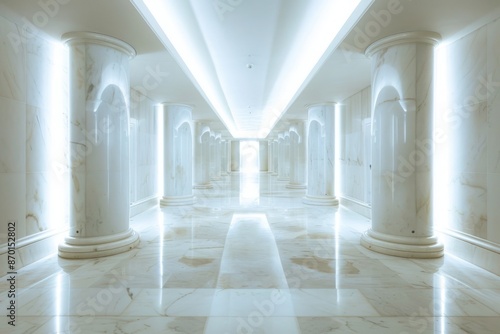 A bright, modern hallway with white marble floors and illuminated columns, creating a spacious and elegant atmosphere. © Jeannaa