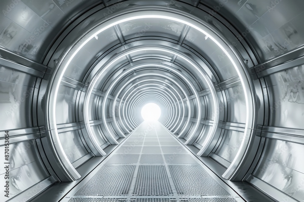 Fototapeta premium Futuristic tunnel with metallic walls and bright lights creating a sci-fi atmosphere, perfect for technology and science fiction themes.