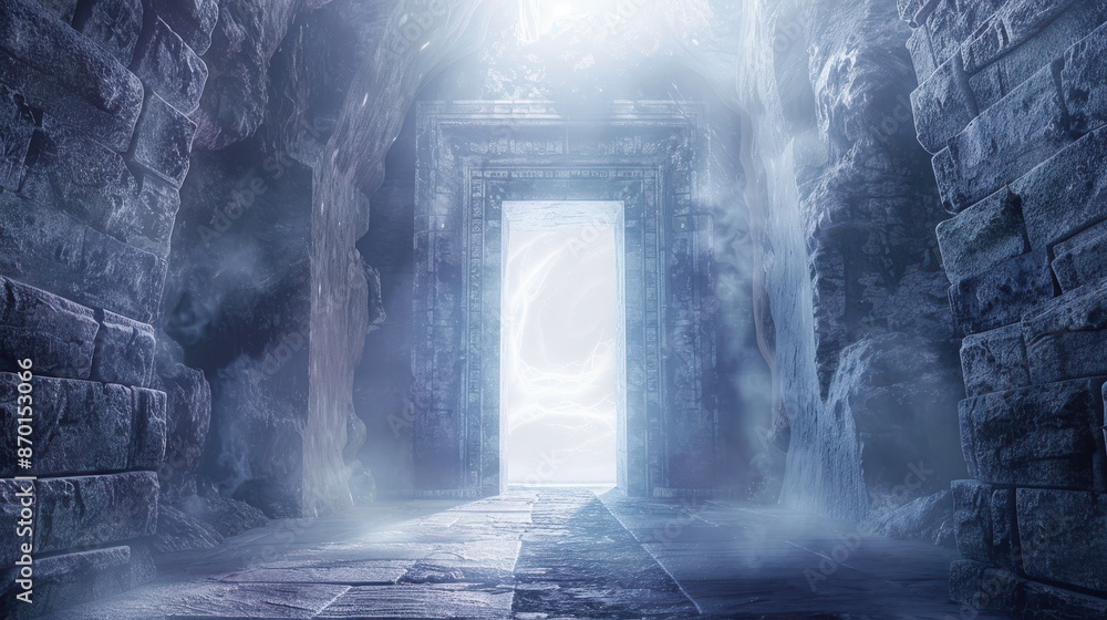 Mysterious ancient stone doorway leading into a bright, ethereal light with fog and mist creating a surreal atmosphere. Mysterious ancient stone doorway leading into a bright, ethereal light with fog and mist creating a surreal atmosphere.