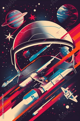 Photography A retro-style illustration of a space helmet with spaceships and planets in the background