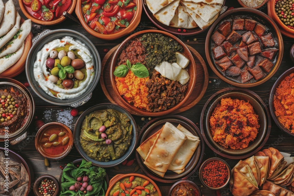 A vibrant assortment of various Mediterranean dishes in ceramic bowls, featuring vegetables, dips, breads, and spices arranged perfectly. A vibrant assortment of various Mediterranean dishes in ceramic bowls, featuring vegetables, dips, breads, and spices arranged perfectly.