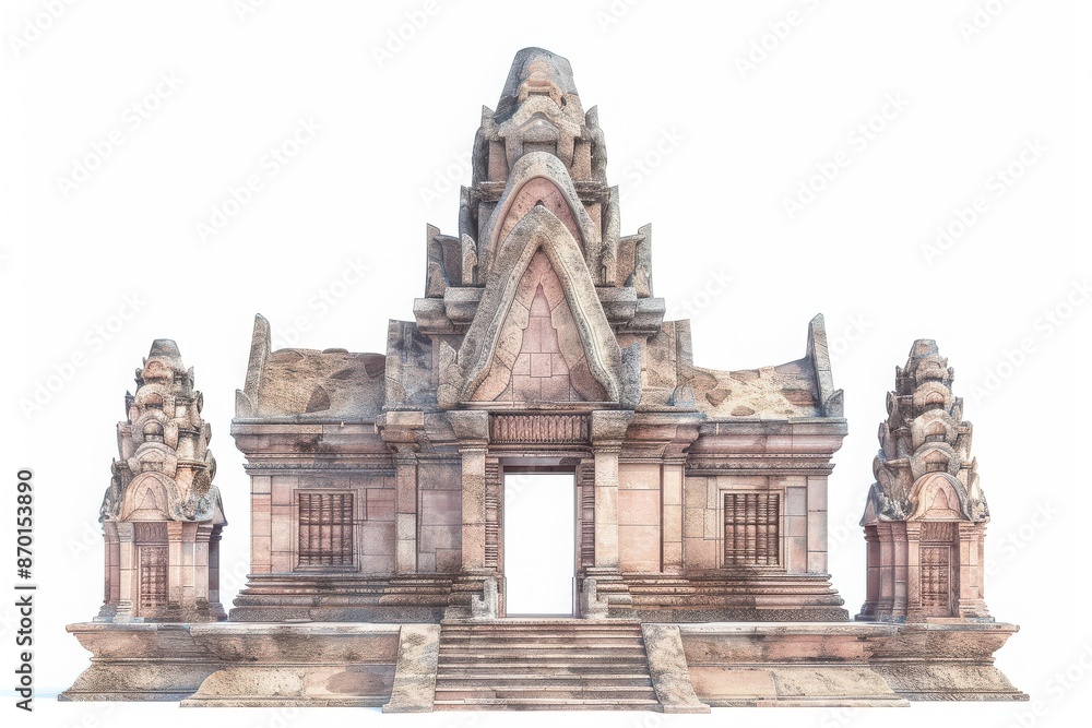 Ancient stone temple with intricate carvings and statues, showcasing historical architecture on a white background. Ancient stone temple with intricate carvings and statues, showcasing historical architecture on a white background.