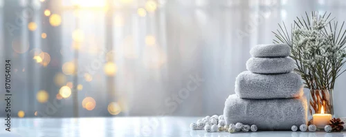 Panel kuchenny z motywem A white background with a stack of towels and a candle
