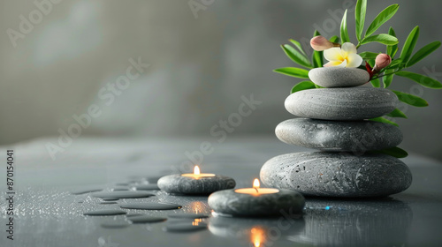 A stone pyramid with candles and a flower on top. Concept of calm and relaxation